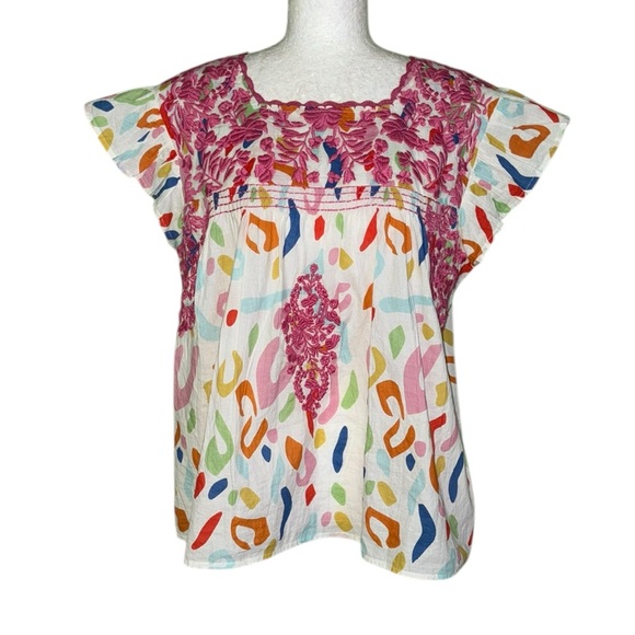 THML Multicolored Geometric Printed Embroidered Flutter Cap Sleeve Top - L - Picture 1 of 9